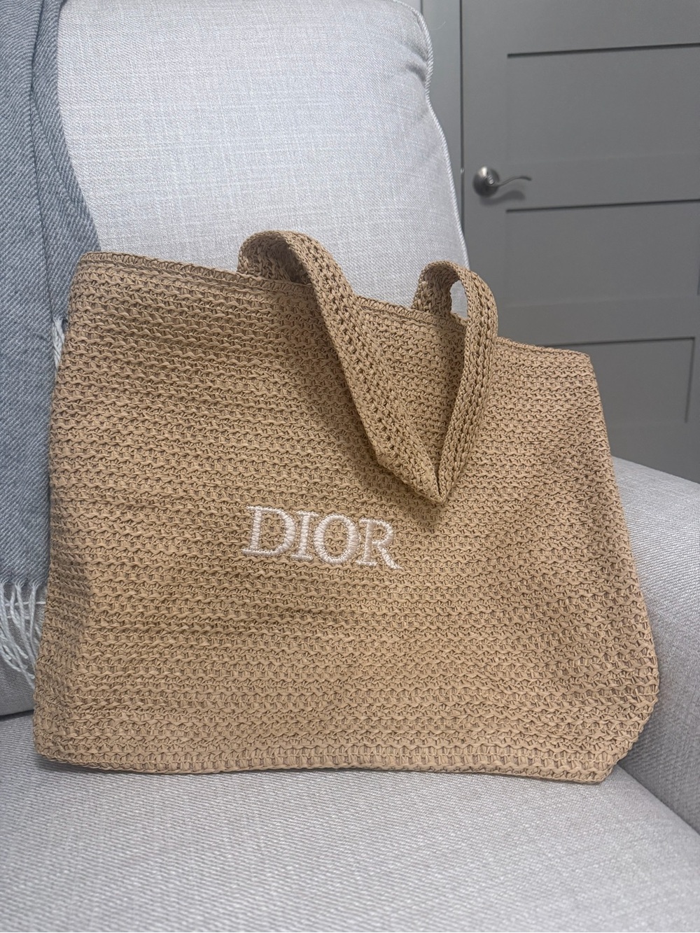 Dior Tan Woven Straw Raffia Logo Tote Beach Open but Unused